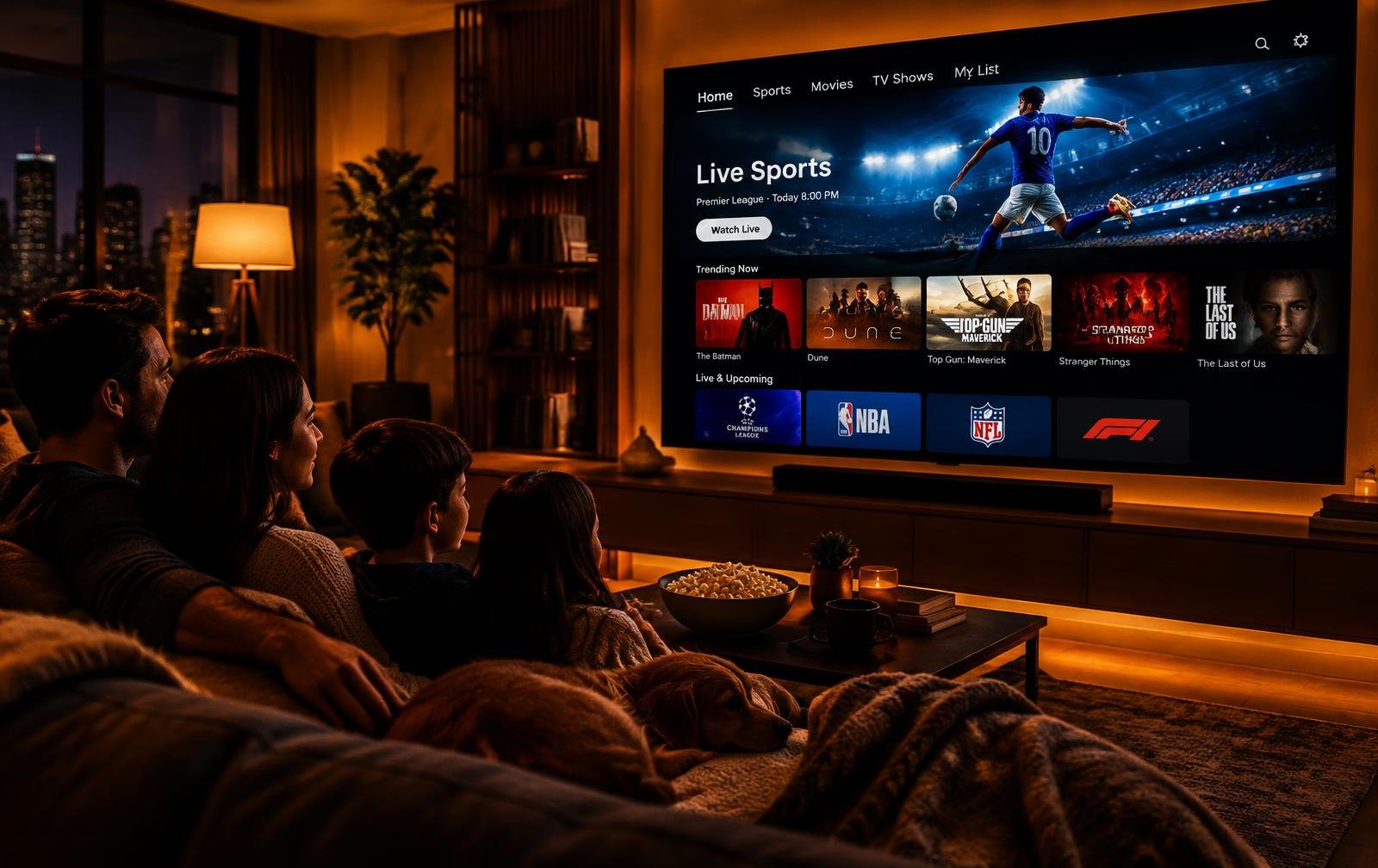 Família assistindo streaming na Smart TV